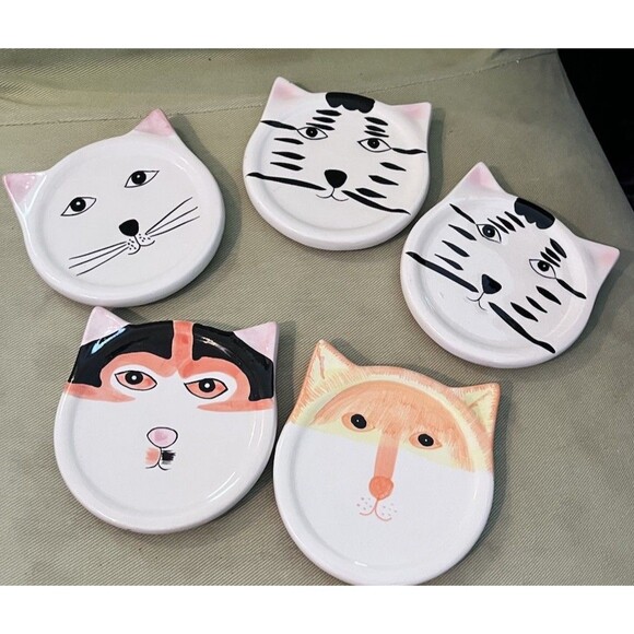 Bandwagon Ceramic Cat Kitten Small Drink Coasters Hand Painted Set of 5 - Picture 1 of 5